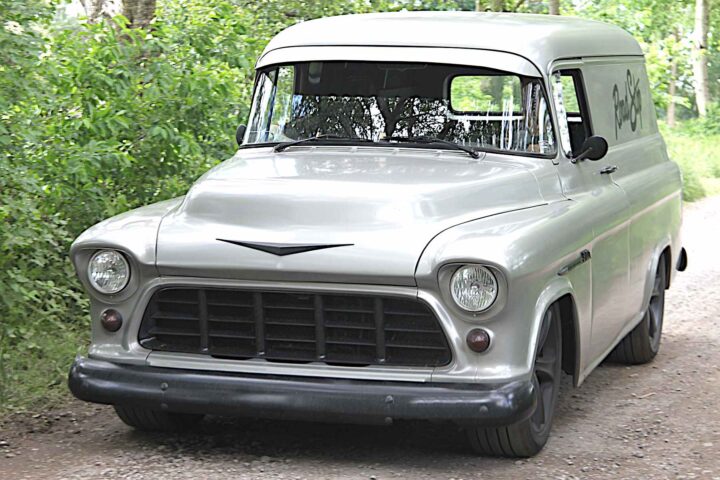 Classic Vans & Panel Trucks – VW Bulli, Dodge A100 & Vintage Van Photography 4 1955 Chevrolet Task Force Panel Delivery slammed custom silver satin - photo by Peter Kraaibeek