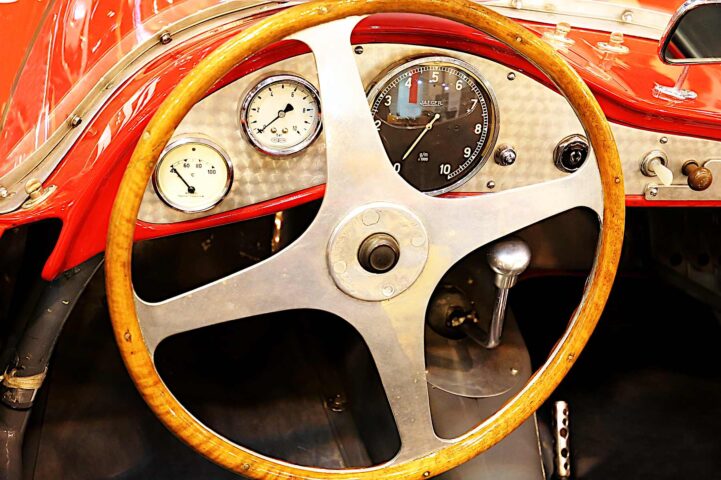 1950 Patriarca Giannini 750 Sport race car dashboard and wooden steering wheel - photographed by Peter Kraaibeek