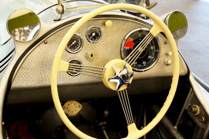 1951 Veritas Meteor II race car dashboard and cockpit with ivory steering wheel
