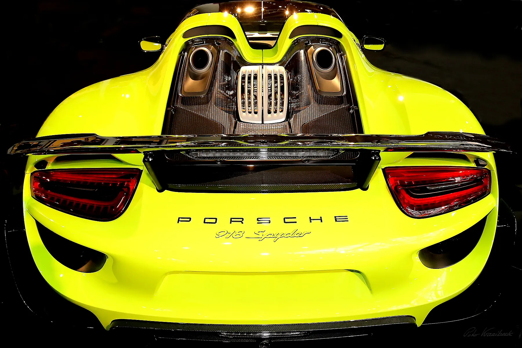 Porsche 918 Spyder rear detail yellow hybrid hypercar exhaust and grille - fine art photography by Peter Kraaibeek, Kraaibeek Art Gallery