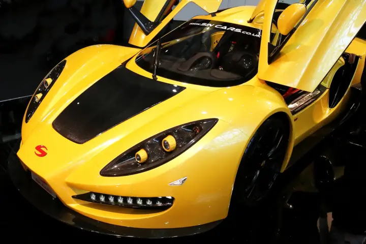 Sin R1: Bulgaria's Corvette-Powered Carbon Fiber Supercar 1 Sin R1 2017 yellow Bulgarian supercar front view gullwing doors open - fine art photograph by Peter Kraaibeek